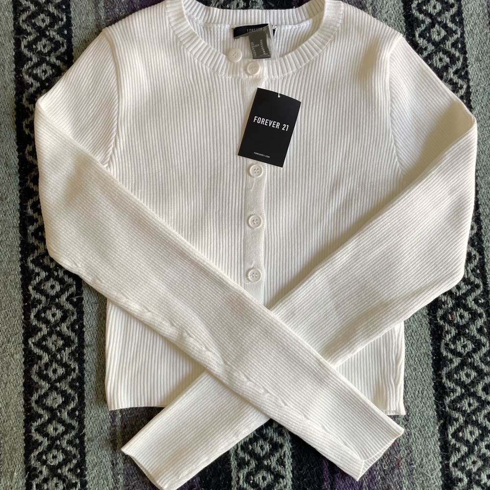Button Front Cropped Cream  Cardigan from Forever21 Size M